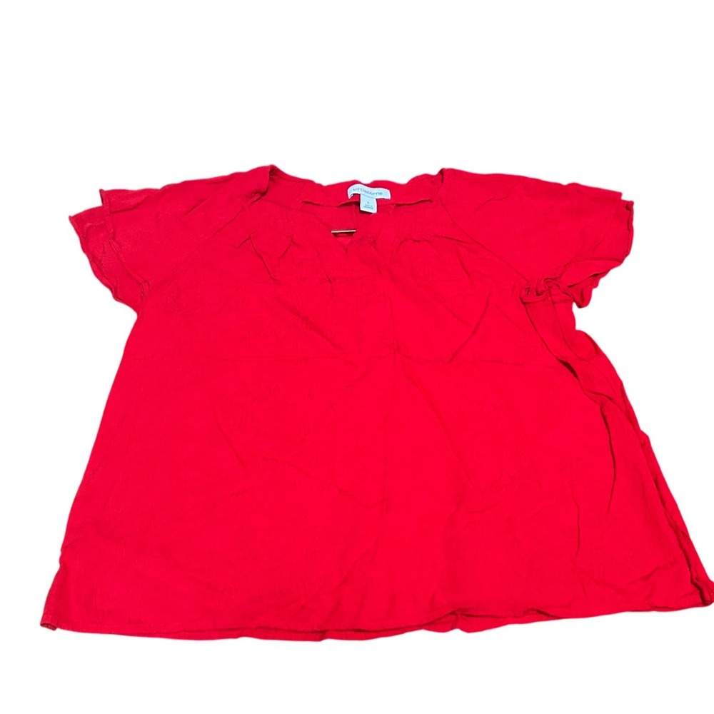 Liz Claiborne Red Floral Jacquard Blouse Silver Bar Detail Short Sleeve Top L